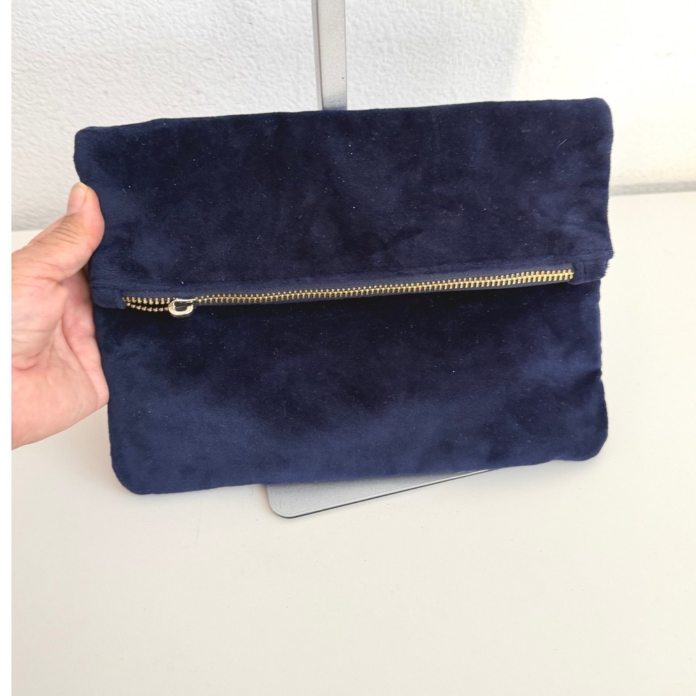 Merona Navy Blue Velvet Foldover Clutch Bag Gold Zipper Evening Pouch